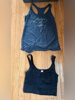 Graphic Racerback Tank & Black Ribbed sports bra